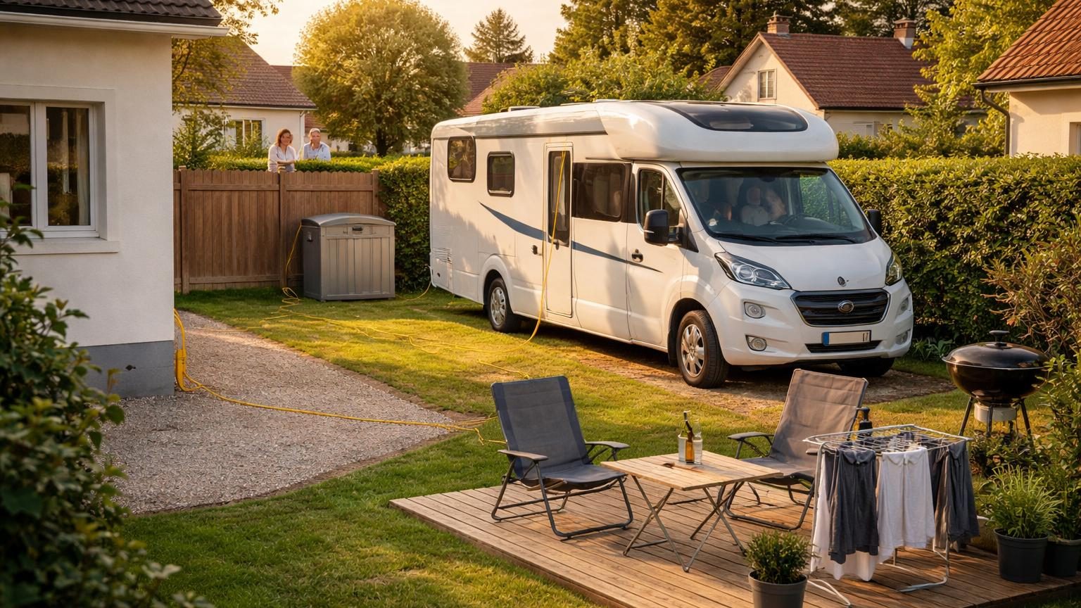 Un camping-car blanc stationné dans un jardin privé, entouré d'une terrasse improvisée en palettes, de chaises de jardin et d'équipements divers créant l'aspect d'une habitation temporaire.