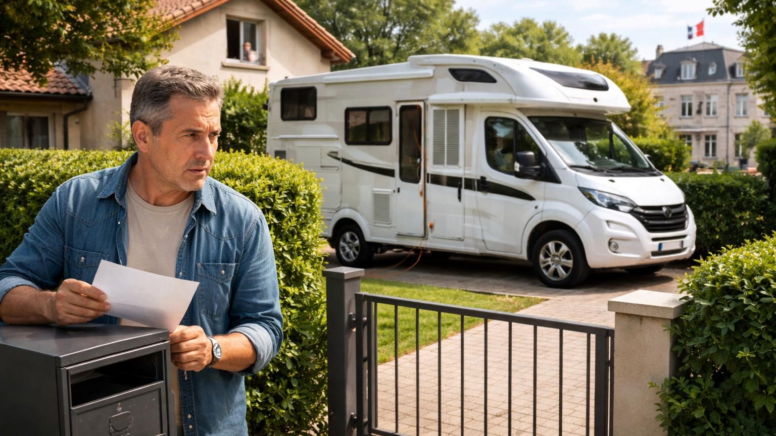 Camping-car blanc stationné discrètement au fond d'un jardin privé, partiellement masqué par une haie, derrière un portail fermé