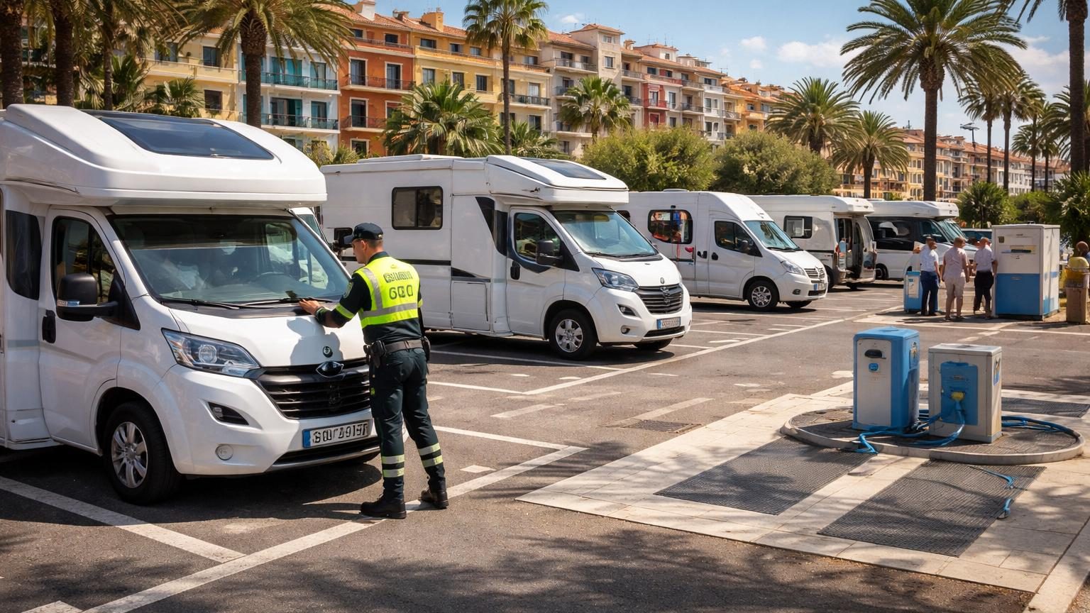 Camping-car stationné en zone urbaine espagnole avec panneau de signalisation S-128 visible, illustrant les nouvelles règles de stationnement et de contrôle technique