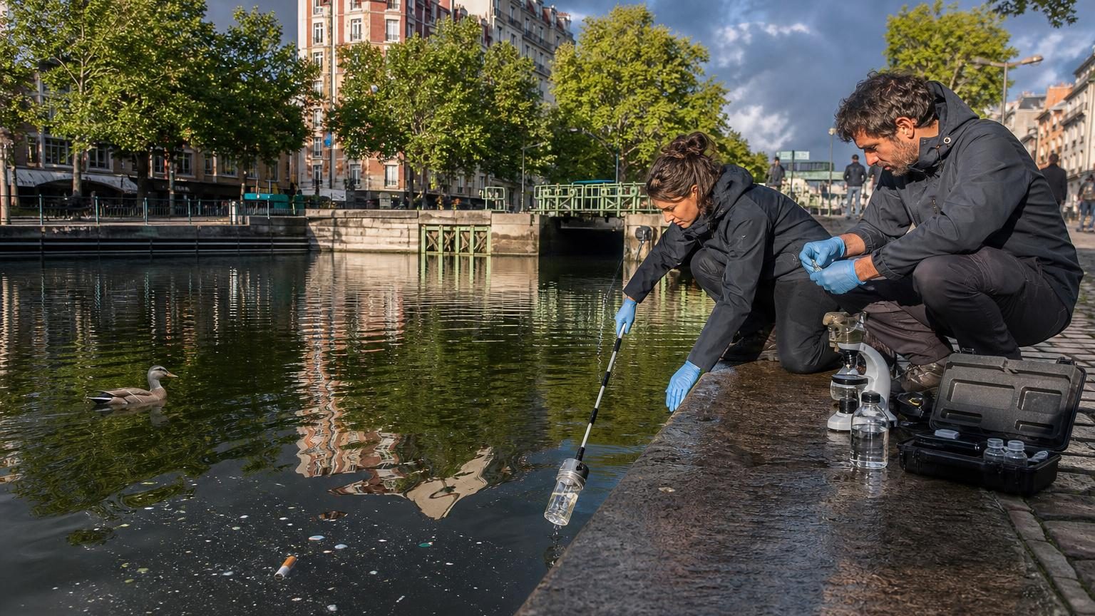 Quai du Canal Saint-Martin à Paris avec bancs, passants et eau sombre refléchissant les façades par un dimanche d'après-midi.