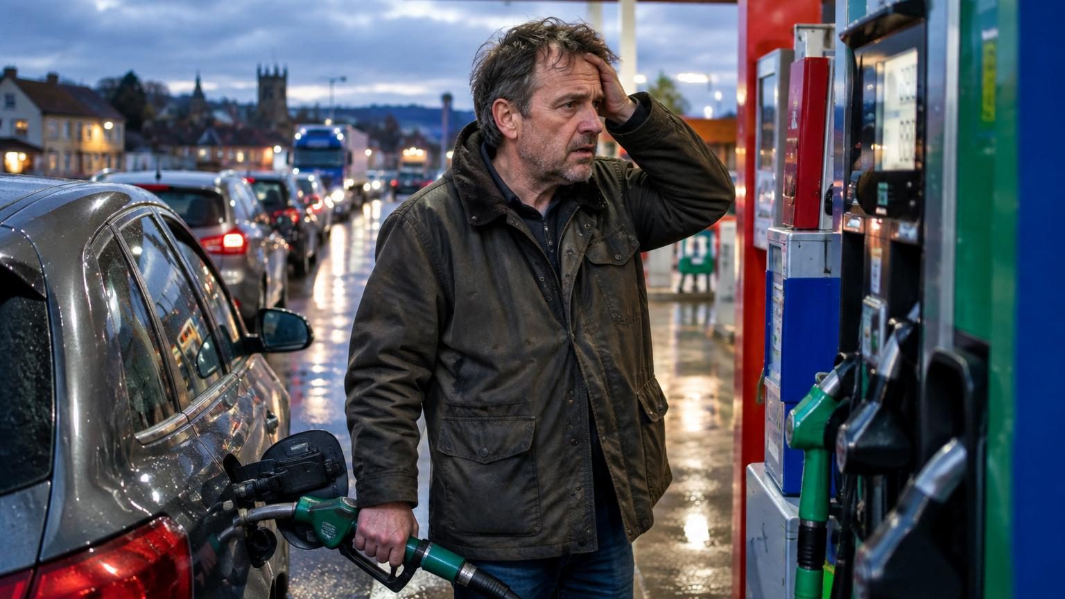 Pompe à essence avec affichage numérique des prix, mettant en avant des tarifs élevés en livres sterling, avec des voitures à proximité d'une station-service britannique.
