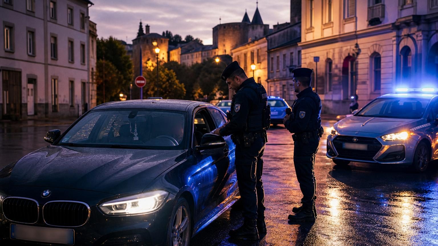 Une BMW contrôlée par la police dans une rue du quartier Pasteur à Carcassonne, illustration d'un contrôle routier suite à un oubli de clignotant.