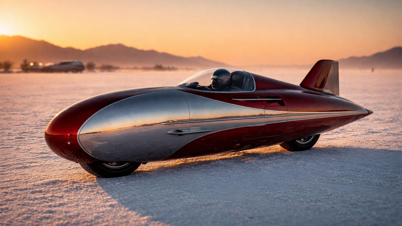 Une moto streamliner entièrement carénée aux formes fuselées rappelant une fusée, avec un profil aérodynamique extrême, symbole de l'ère des records de vitesse des années 1950-1960.