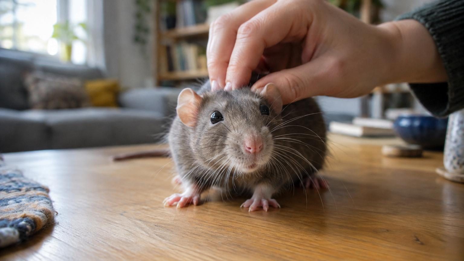 Un rat brun enveloppé dans des couvertures beiges et blanches, les yeux légèrement saillants pendant qu'une main le caresse doucement.