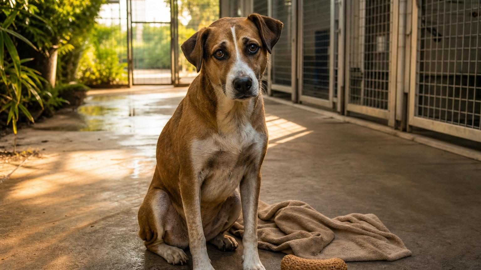 Une chienne couleur caramel aux yeux tristes assise dans un refuge, regardant l'objectif avec espoir après cinq ans d'attente.