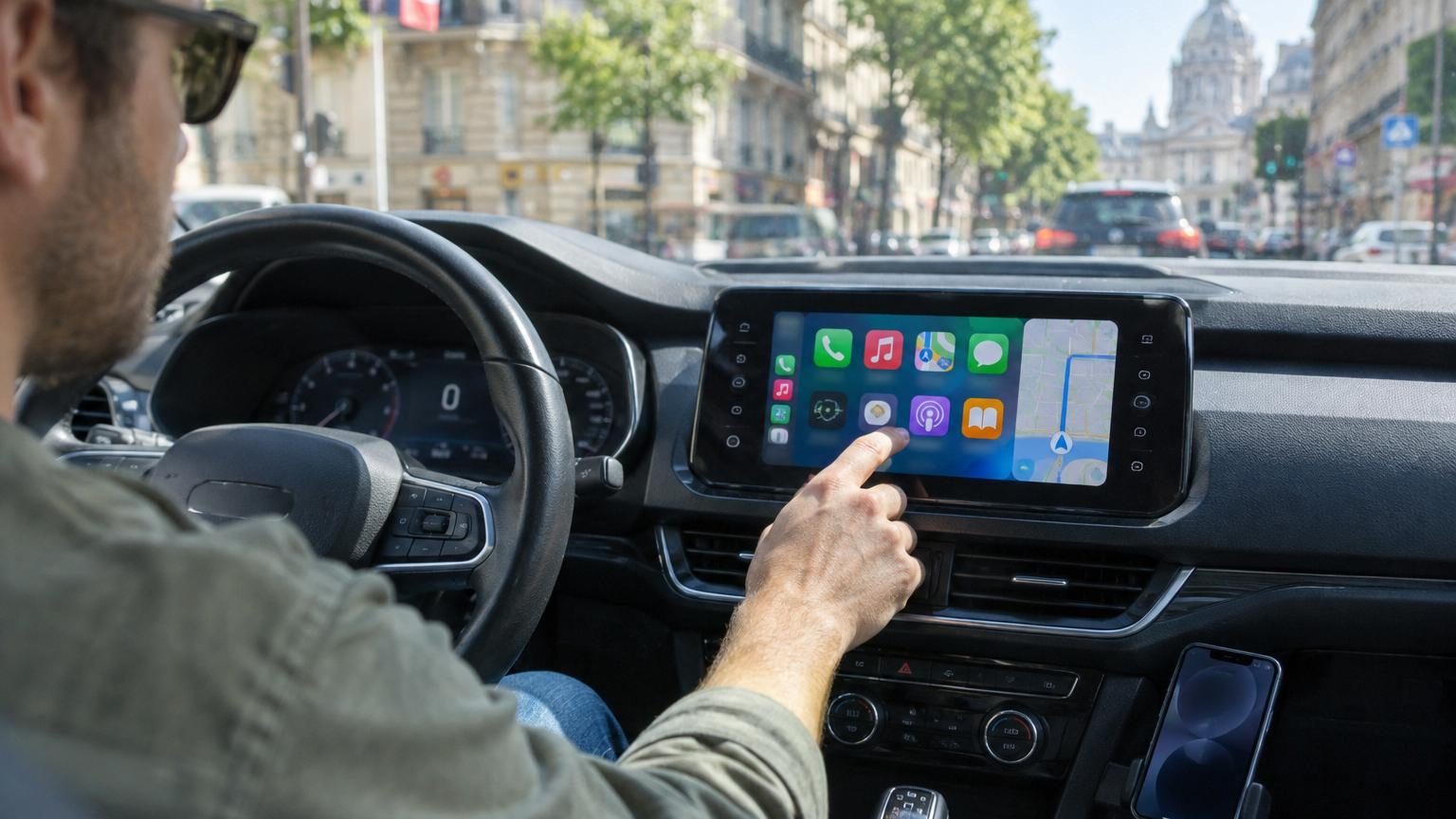 Écran de voiture affichant l'interface CarPlay avec une carte de navigation, des icônes d'applications audio et un repère de temps d'arrivée estimée.