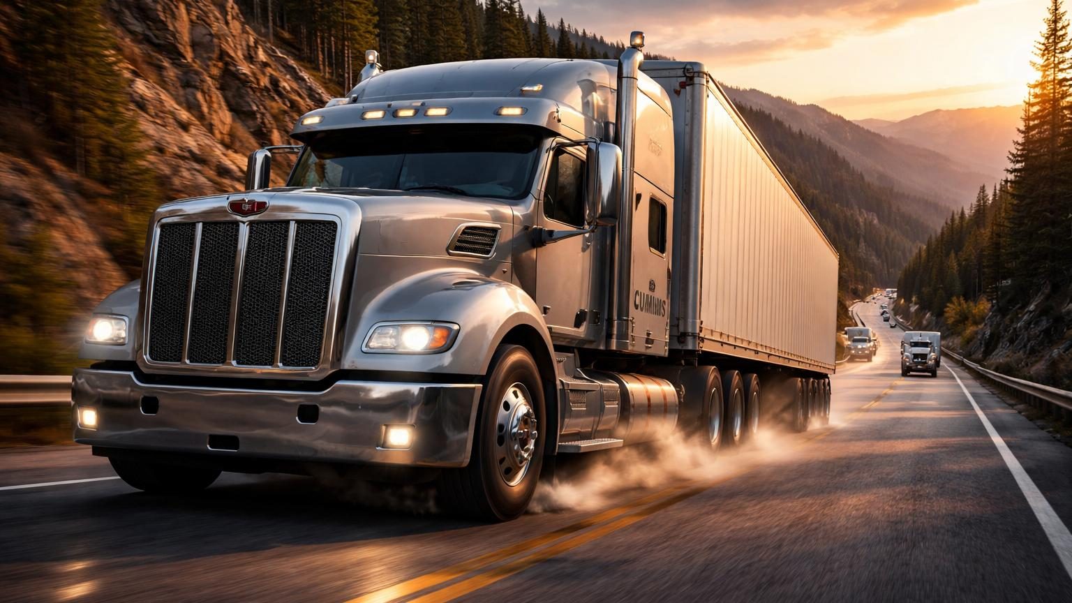 Camion semi-remorque descendant une route de montagne avec le Jake Brake activé, générant un bruit caractéristique de freinage moteur