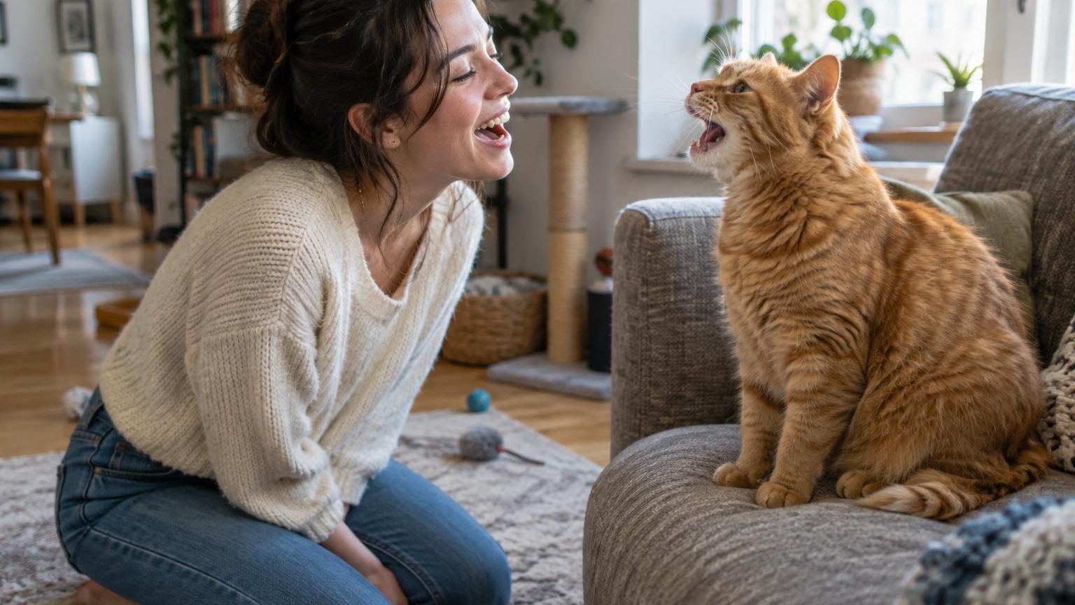 Un chat gris et blanc assis près d'une femme qui chante, écoutant attentivement avec une expression engagée, moment d'interaction musicale entre le félin et sa propriétaire.