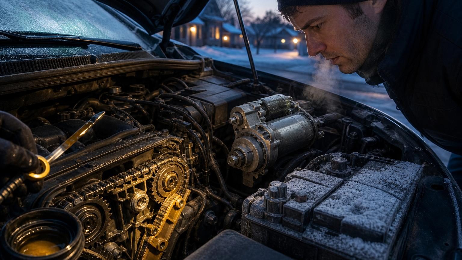 Gros plan sur un moteur de voiture avec ses composants métalliques visibles sous le capot ouvert, symbolisant le diagnostic des bruits de démarrage à froid.
