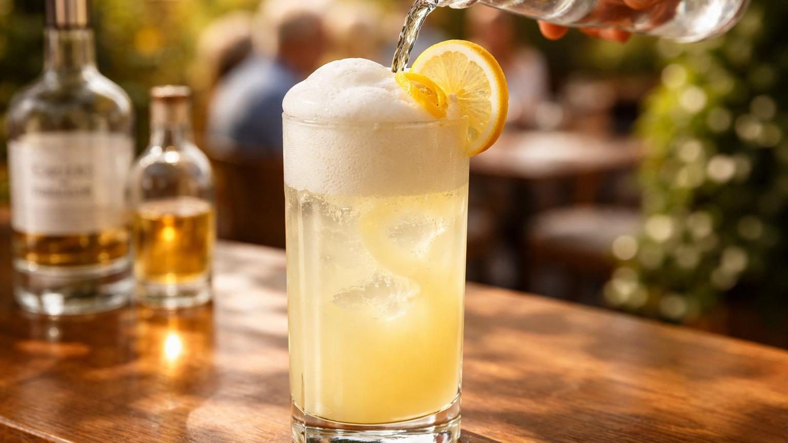 Un verre highball contenant un gin fizz crémeux surmonté d'une mousse aérienne blanche, garni d'une rondelle de citron frais.