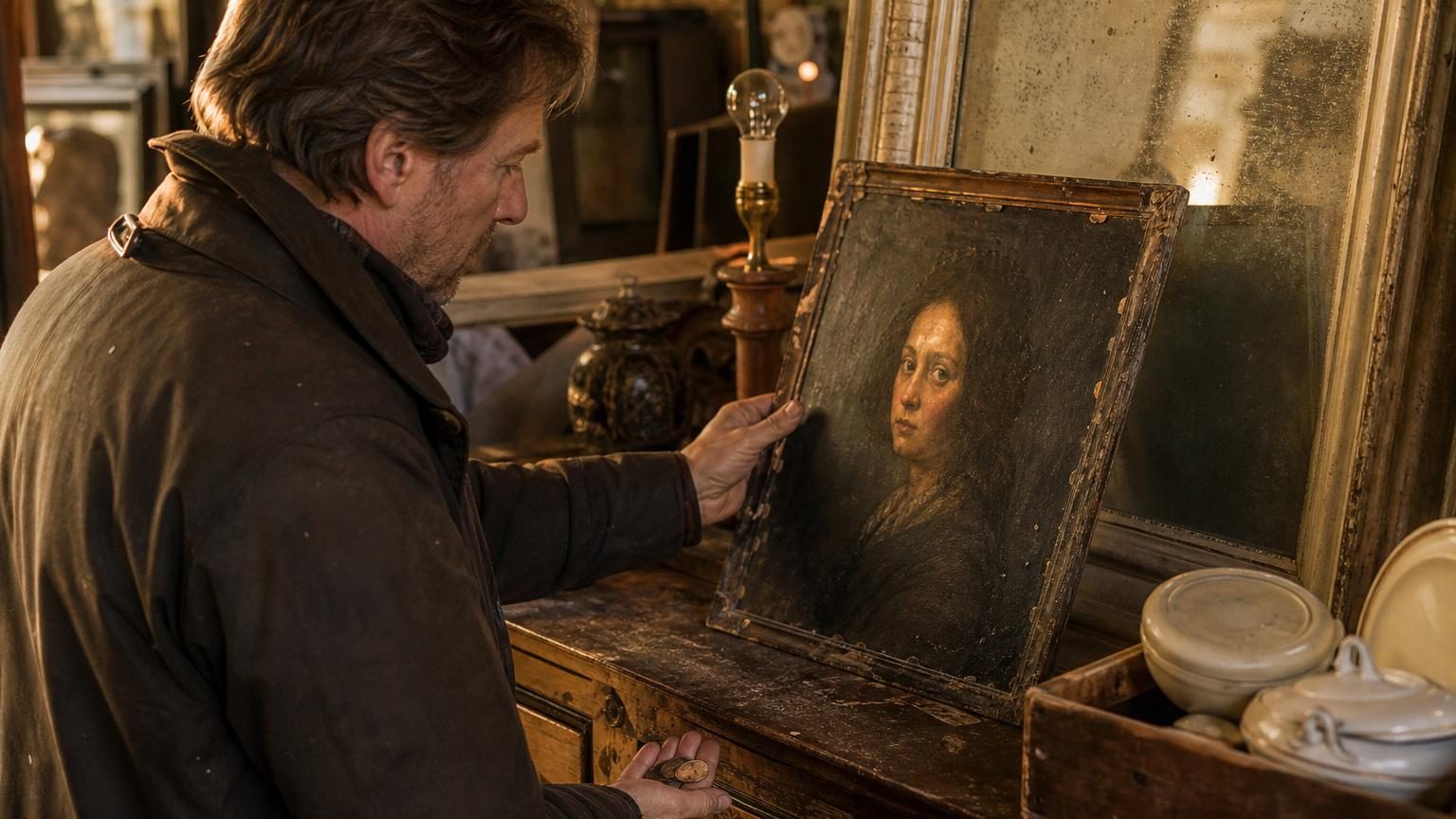 Une petite toile ancienne sombre posée contre un vieux miroir piqué entre une lampe dépareillée et des cartons, dans une brocante désordonnée de province.