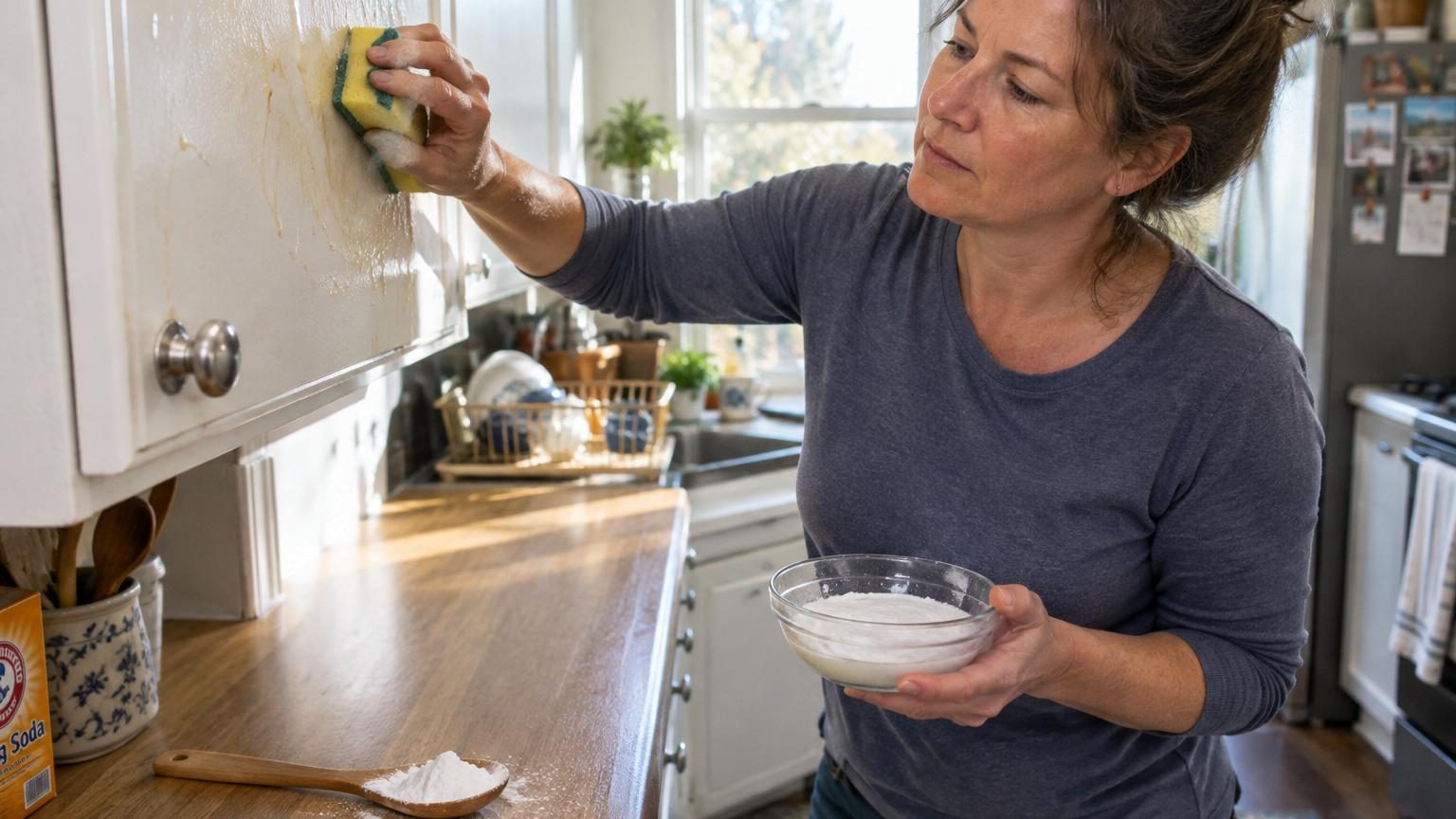 Mains appliquant une pâte blanche de bicarbonate sur une porte de meuble de cuisine encrassée de film gras
