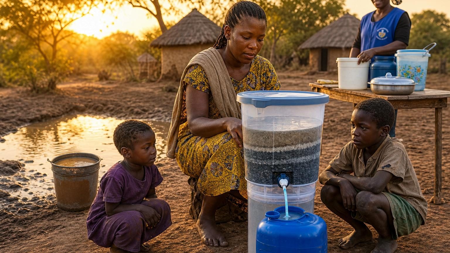 Une mère remplit un seau d'eau trouble auprès d'un point d'eau boueux tandis qu'à proximité un grand récipient rempli de sable filtre l'eau pour la rendre claire.