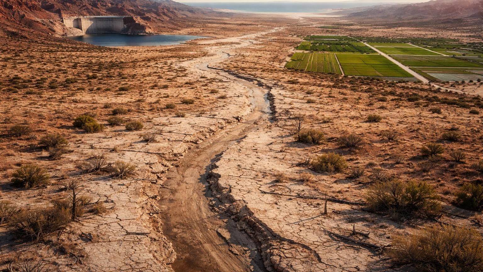 Vue aérienne du lit asséché du fleuve Colorado dans le désert de Sonora, avec crevasses du sable et végétation clairsemée, illustrant l'absence complète d'eau douce à l'embouchure