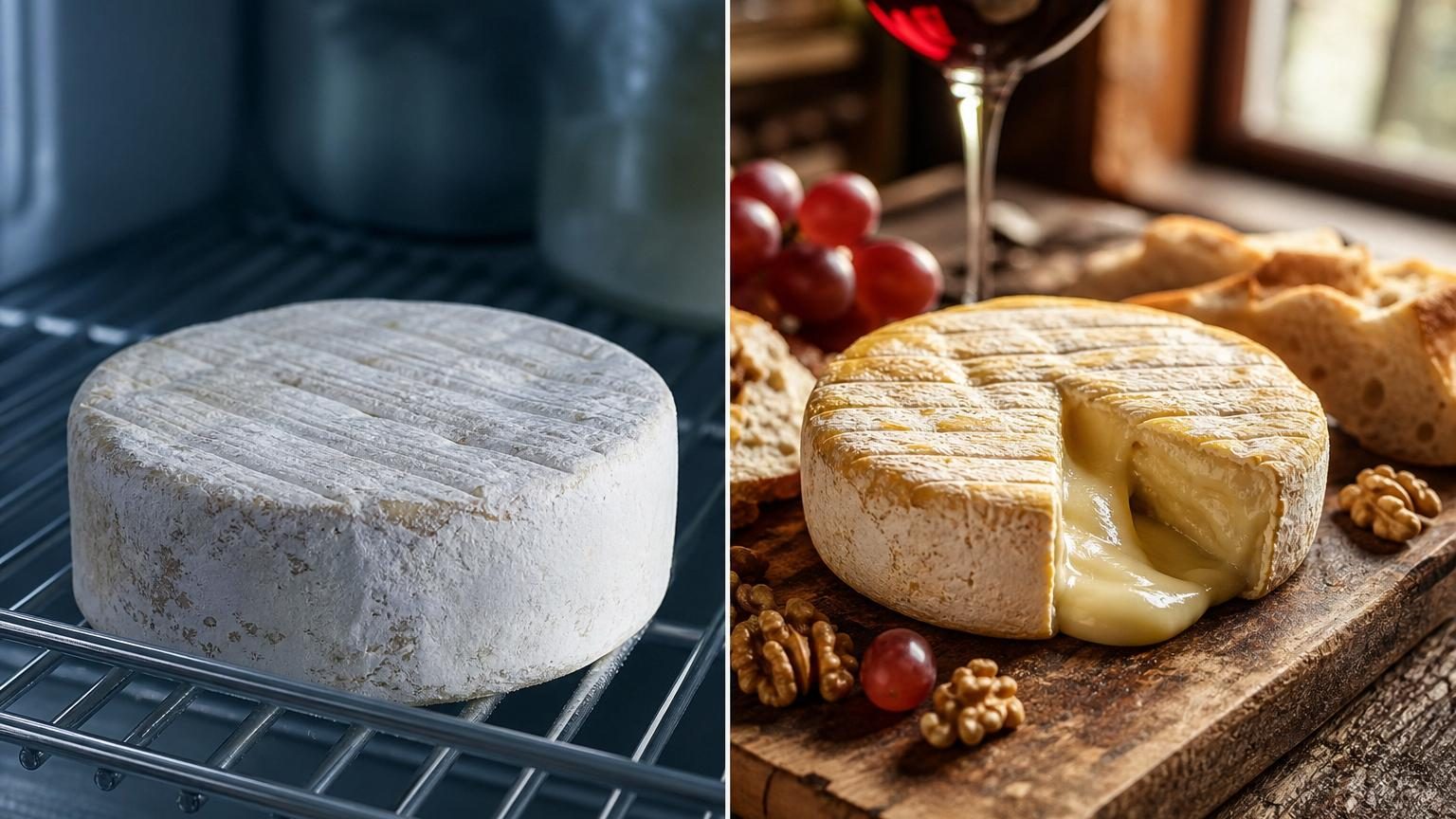 Un plateau de fromages variés (camembert, brie, comté) posé sur une planche en bois, partiellement éclairé par la lumière naturelle, illustrant la présentation d'une belle dégustation.
