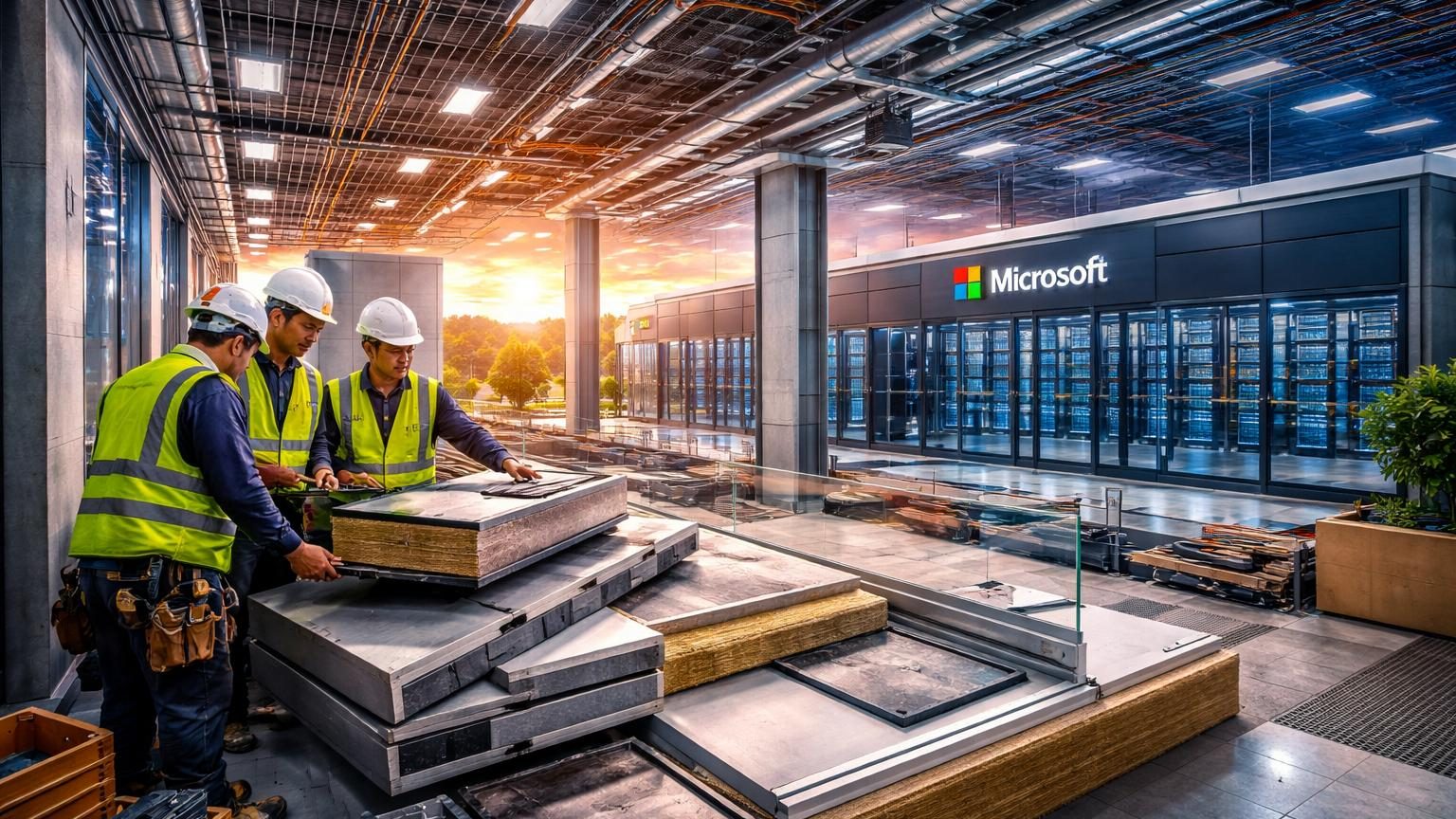 Logo ou siège de Saint-Gobain et Microsoft côte à côte symbolisant un partenariat commercial international dans les infrastructures numériques et les matériaux de construction
