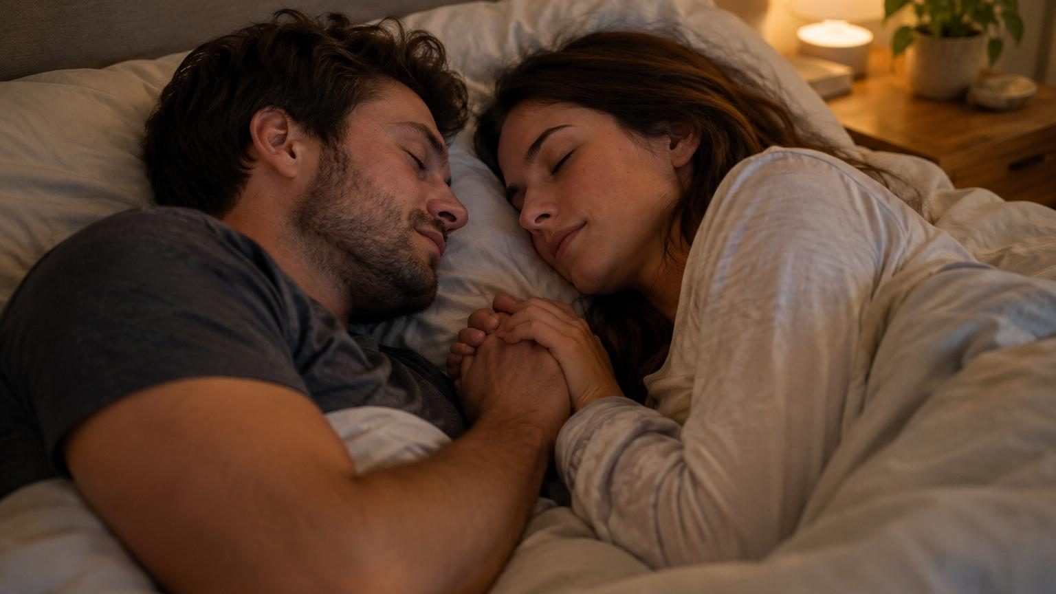 Personne détente allongée dans un lit douillet à la faible luminosité, dans une atmosphère calme et sereine propice au sommeil.