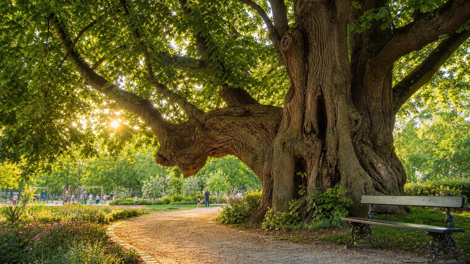 Un vieil arbre aux branches épaisses et au tronc creusé par le temps dans un jardin public, entouré de bancs et de promeneurs, symbolisant plusieurs siècles d'histoire.