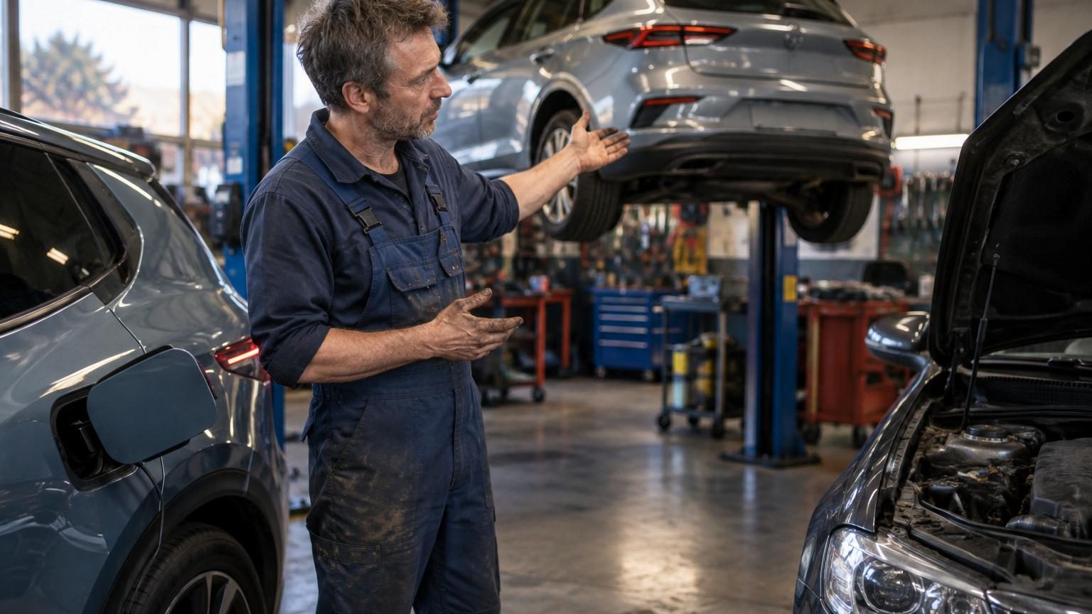 Un mécanicien en combinaison de travail examinant attentivement un moteur de voiture dans un atelier automobile professionnel.