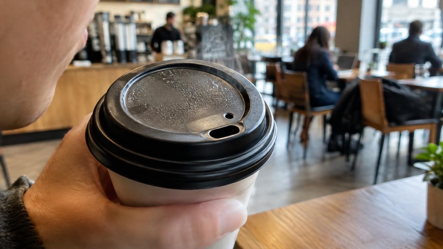 Gros plan sur un couvercle blanc de gobelet à café à emporter montrant le petit trou d'aération à côté du bec de dégustation principal