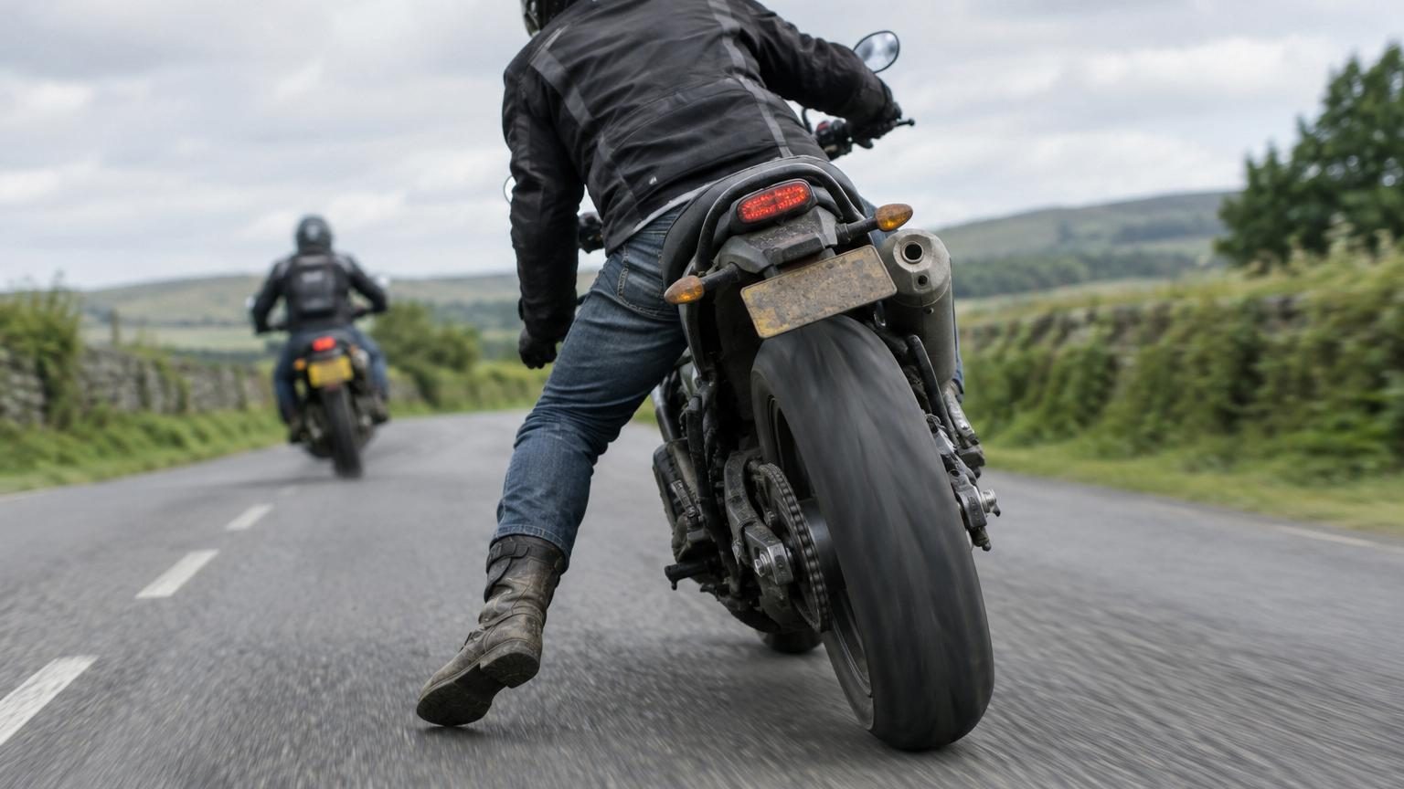 Ce motard tend la jambe et abaisse le pied vers le sol en roulant : ce n'est ni un tic ni une pose, voici ce que ça signifie