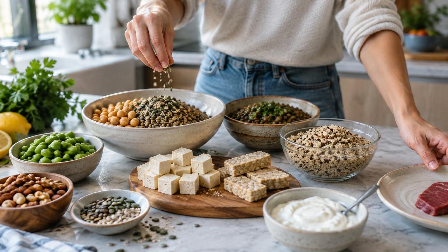 Plateau avec truite séchée, saumon fumé, algues nori, yaourt grec et légumes frais illustrant les aliments riches en protéines alternatives à la viande rouge.