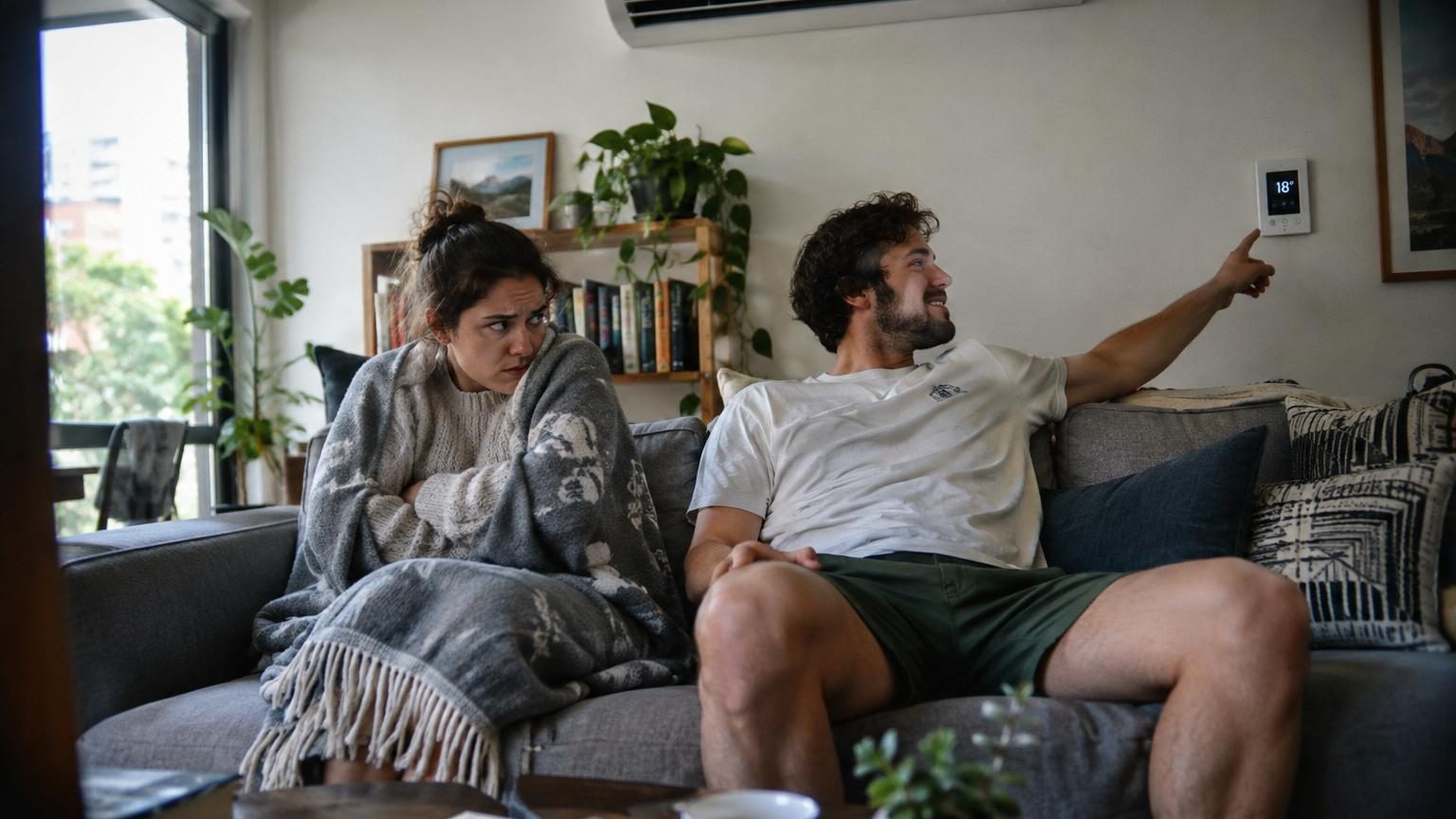 Couple assis dans un canapé face à un climatiseur mural, l'un semblant avoir froid avec une couverture tandis que l'autre paraît à l'aise