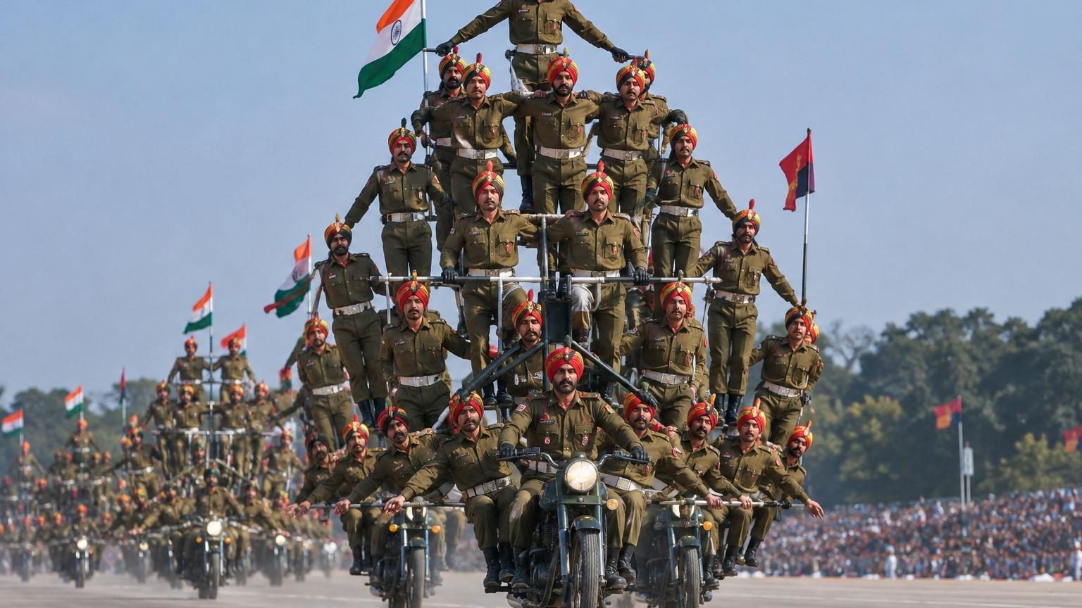 Ce n'est pas un film : 40 militaires indiens forment la pyramide humaine à moto la plus haute du monde, et la vidéo est hallucinante