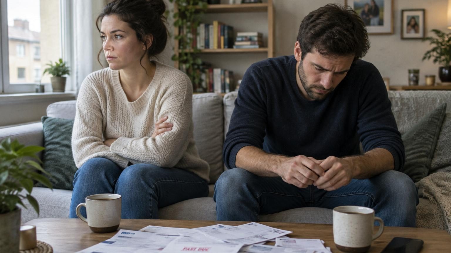 Un couple assis côte à côte sur un canapé, regard détourné l'un de l'autre, symbolisant le refroidissement et l'indifférence dans une relation.