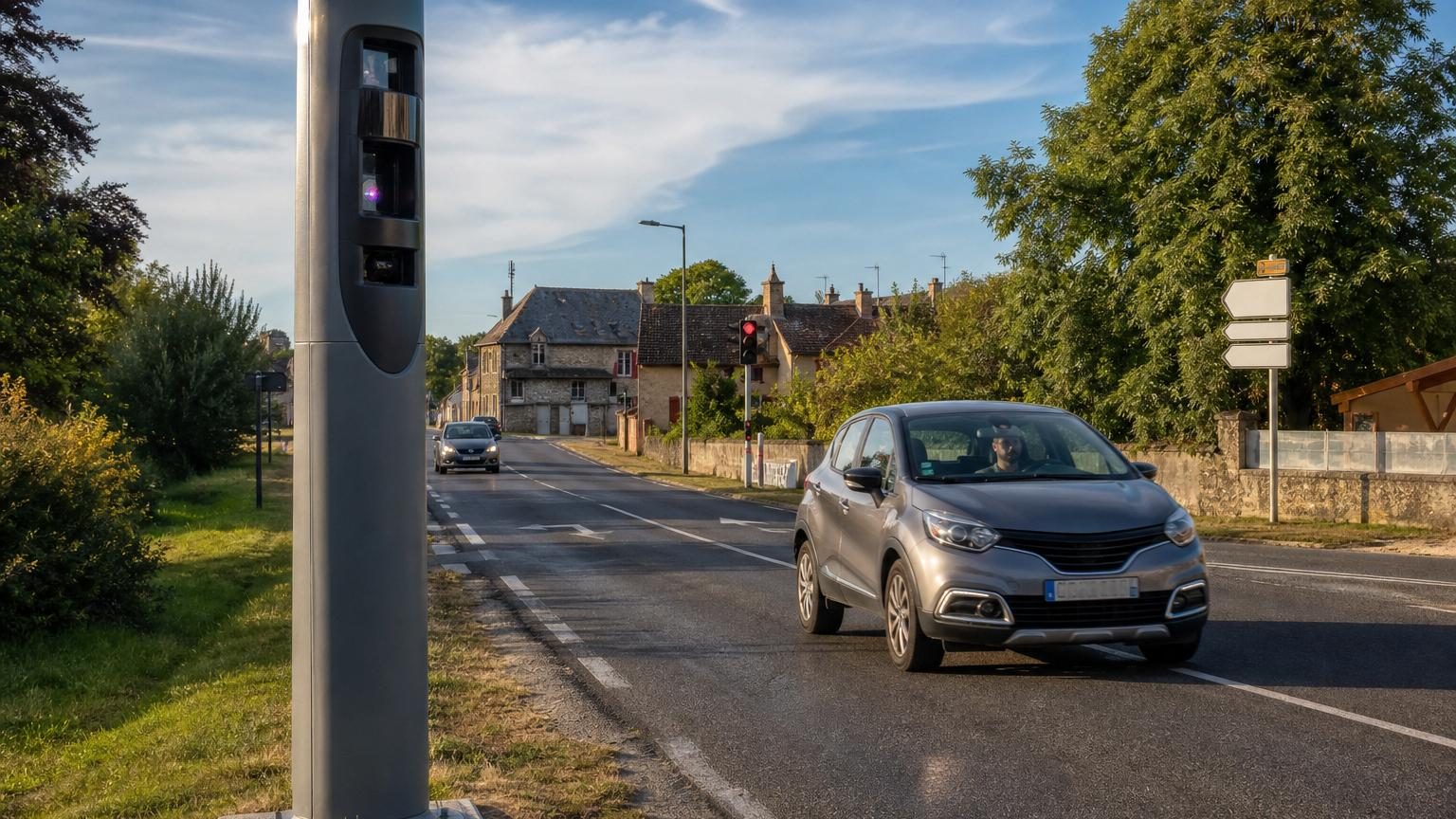Un radar-tourelle gris installé en bord de route, perché sur un poteau urbain, symbolisant la surveillance routière moderne des infractions multiples.