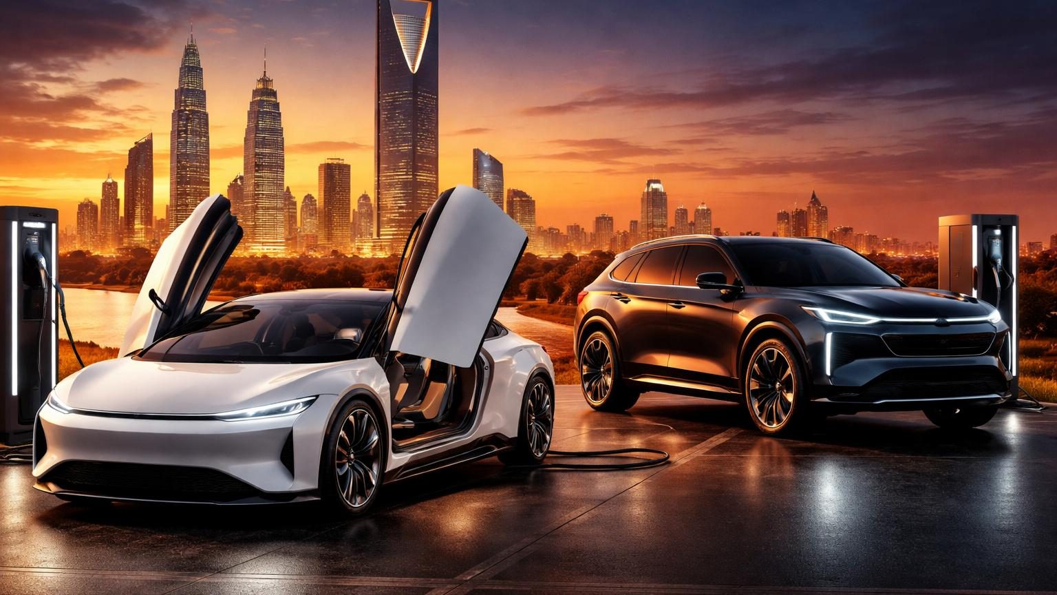 Présentation des deux modèles électriques Ceer Sedan et SUV avec leurs formes avant-gardistes, pare-brise géant et portes papillon, dans un décor moderne représentant l'ambition technologique saoudienne.