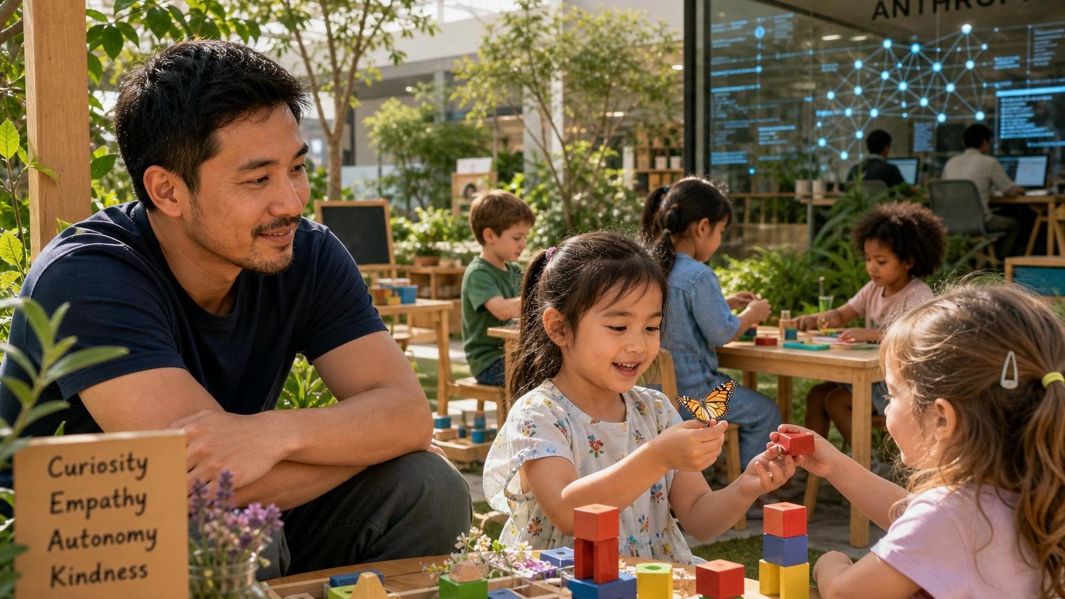 Un parent et son enfant discutent devant un tableau blanc sur lequel sont notées les qualités humaines : curiosité, empathie, gentillesse et bonheur.