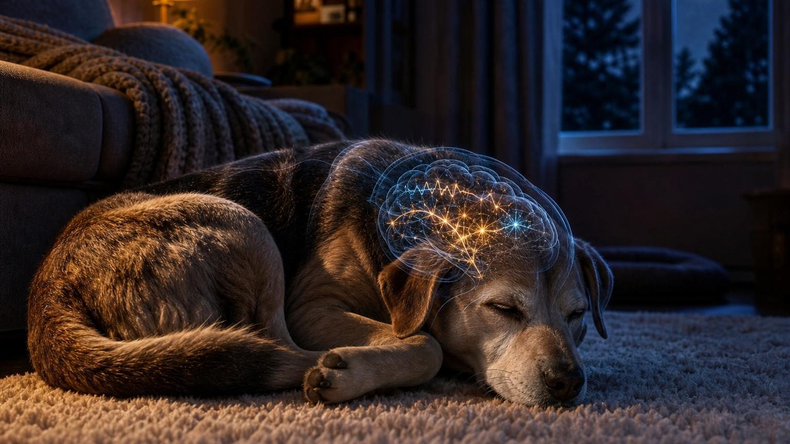 Un jeune chien endormi couché, avec les pattes légèrement agitées et l'expression faciale apaisée, illustrant le sommeil paradoxal canin.