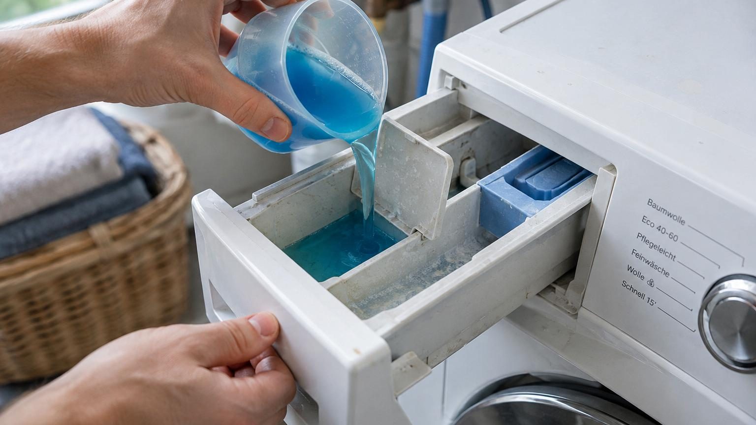 Gros plan sur un bac à lessive de machine à laver avec trois compartiments et un petit clapet en plastique articulé visible dans le compartiment de prélavage