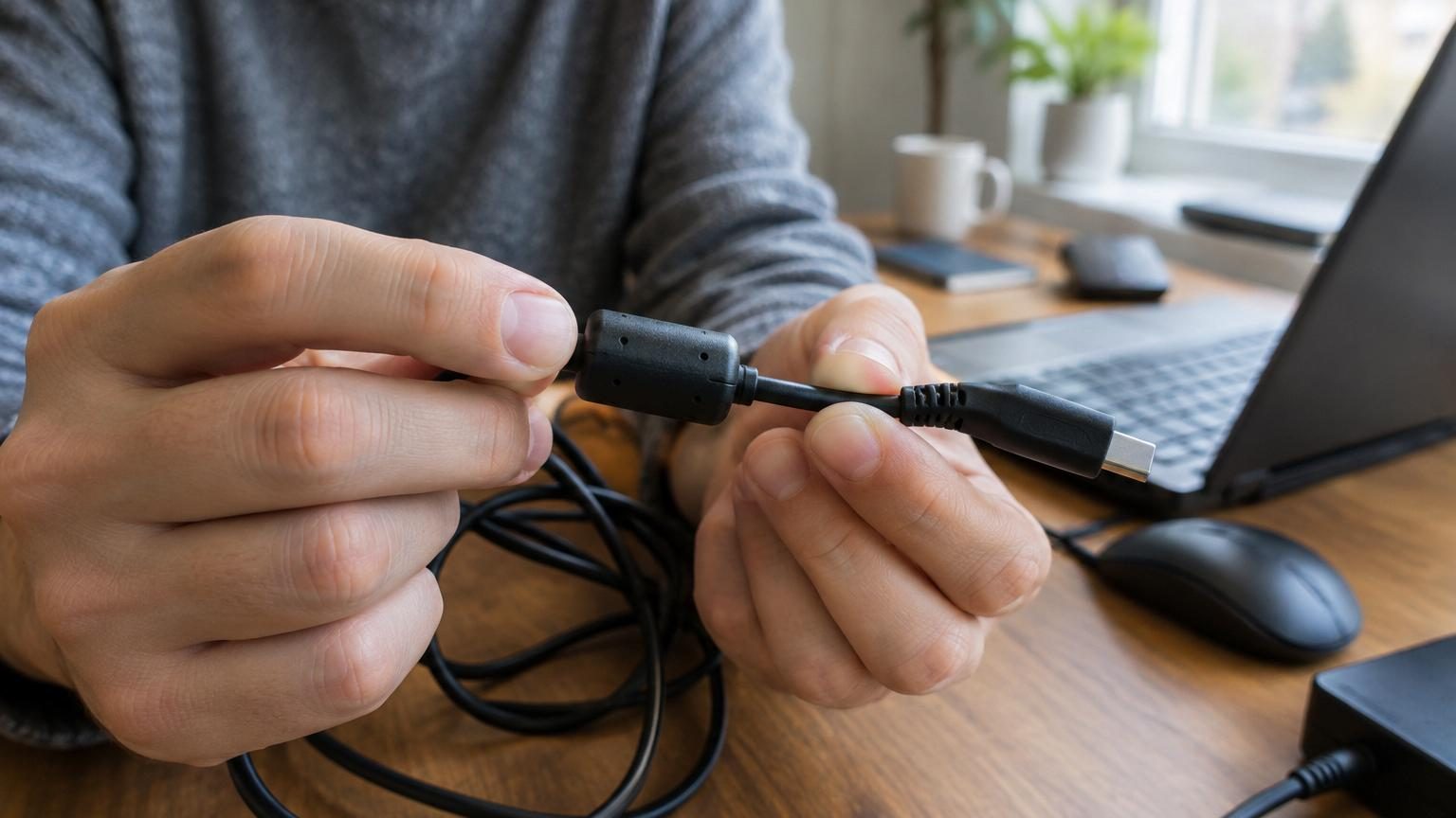 Gros plan sur un cylindre noir magnétique enfilé autour d'un câble près du connecteur, illustrant un filtre en ferrite.