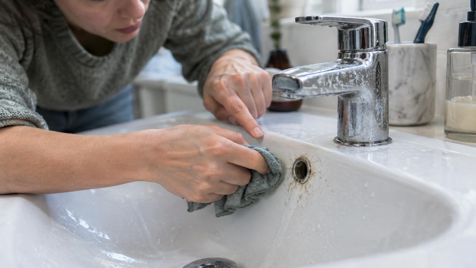 Gros plan sur un trou de trop-plein situé sous le rebord d'un lavabo blanc, avec des traces de calcaire et d'humidité visibles autour de l'orifice.