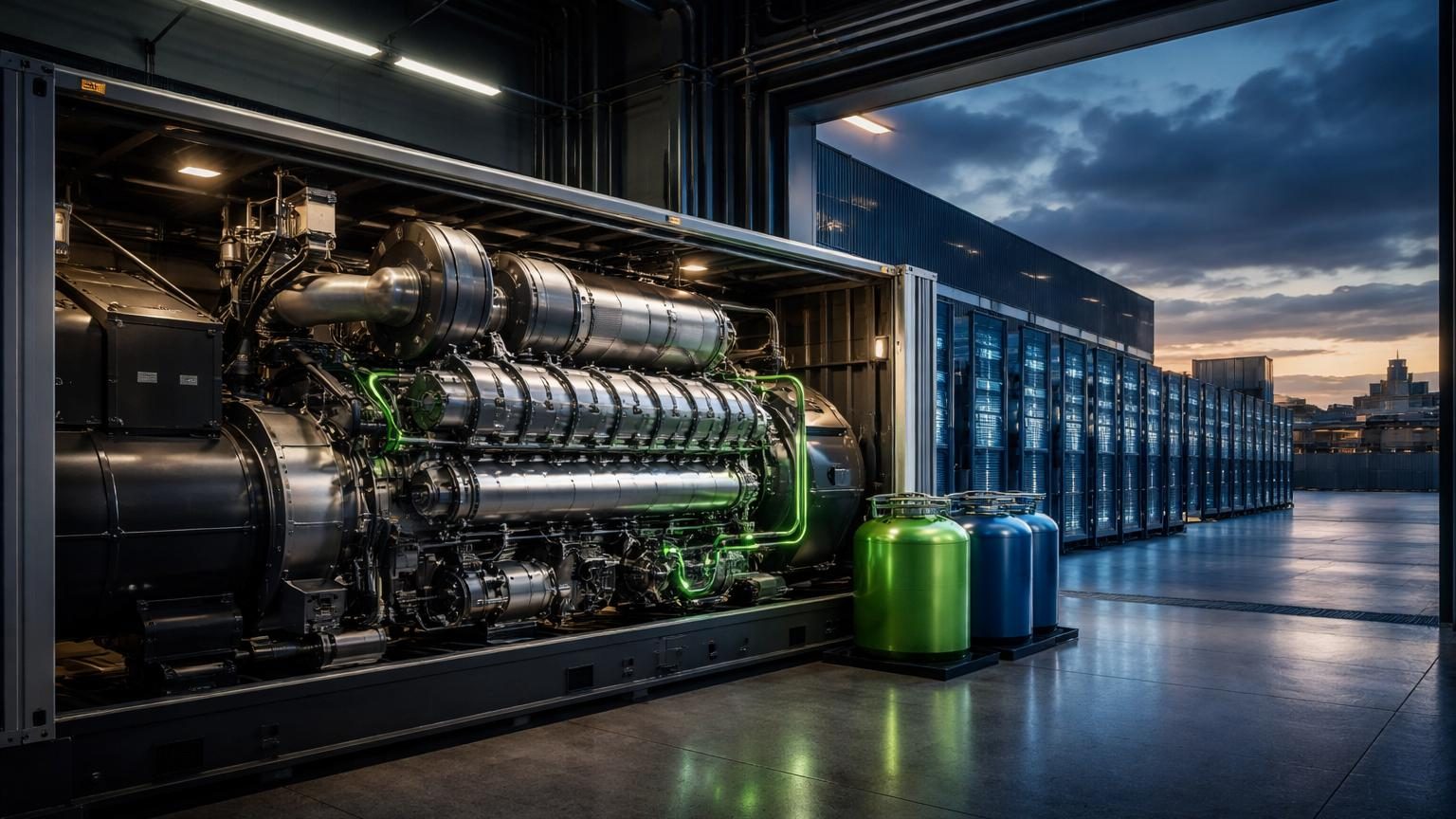 Moteur diesel haute vitesse 175D de couleur métallique, vue perspective montrant ses composants turbocompressés intégrés dans une structure compacte de groupe électrogène pour data center.