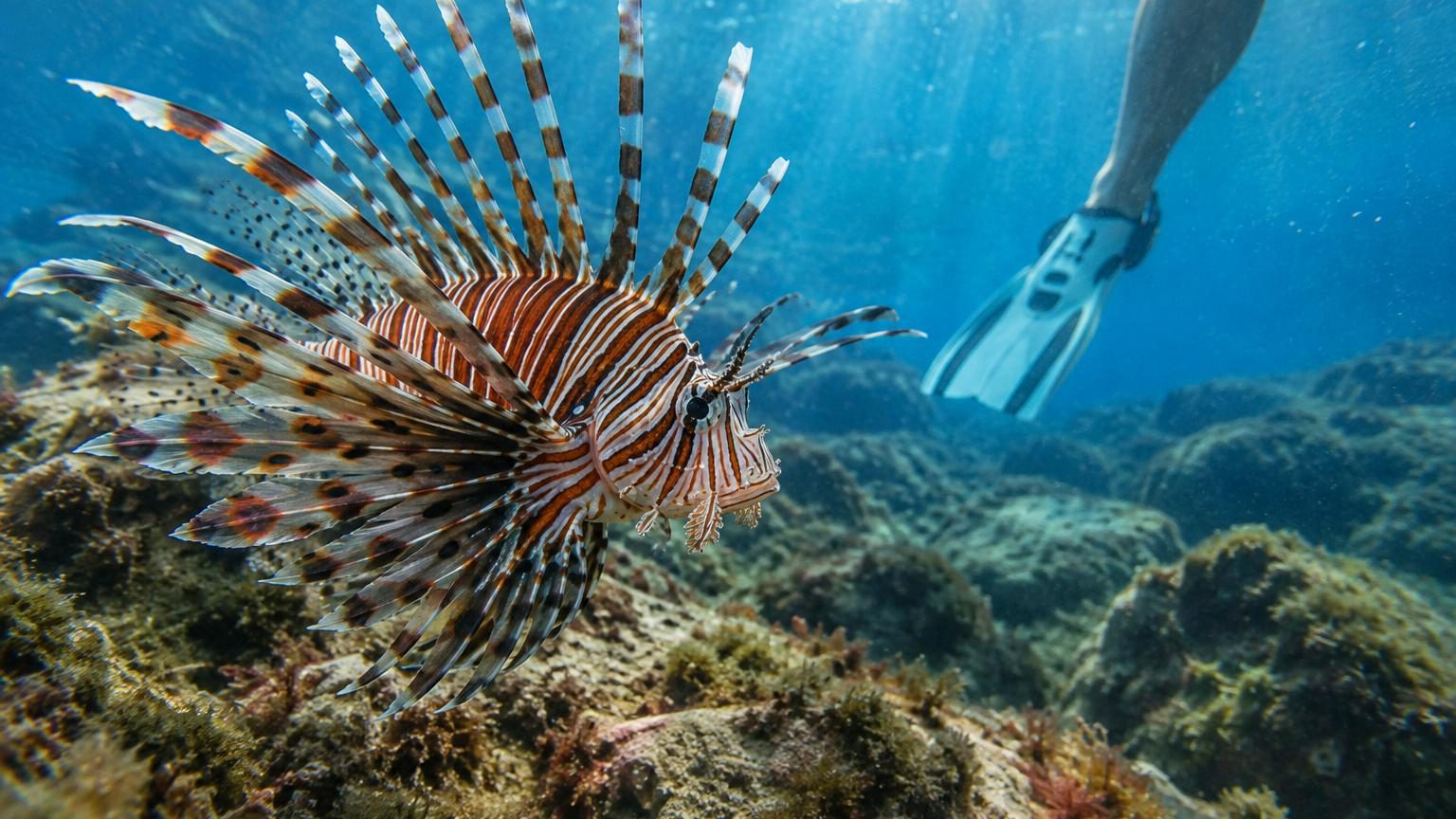 Un Hasenkopf-Kugelfisch venimeux aux dents soudées nageant en eaux méditerranéennes, montrant son aspect menaçant et sa mâchoire puissante.