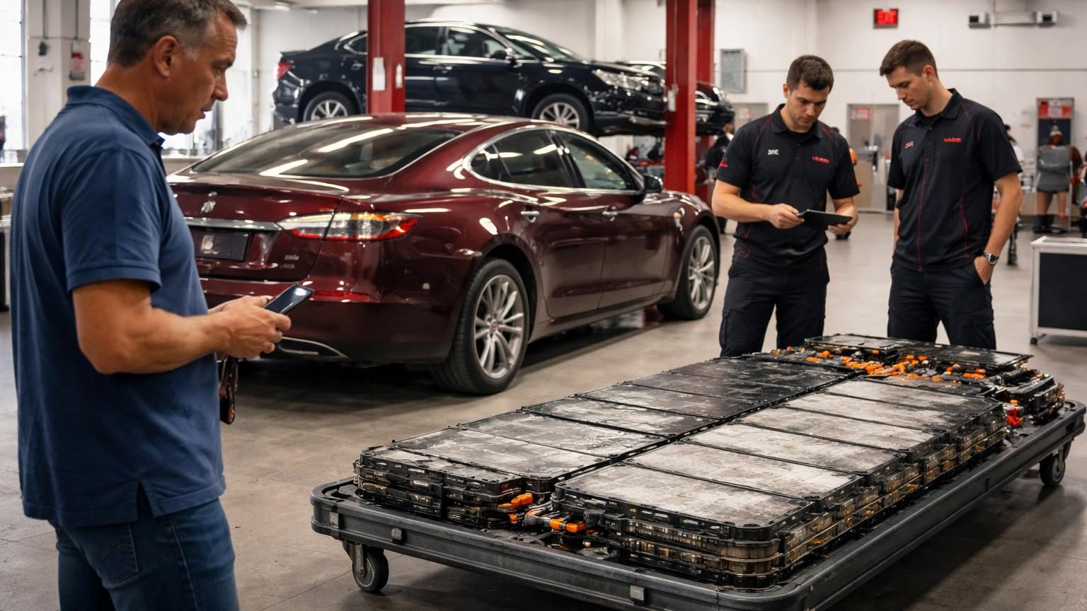 Tesla Model S berline noire de profil, avec symbole de batterie défaillante ou icône de réparation coûteuse visible à l'avant