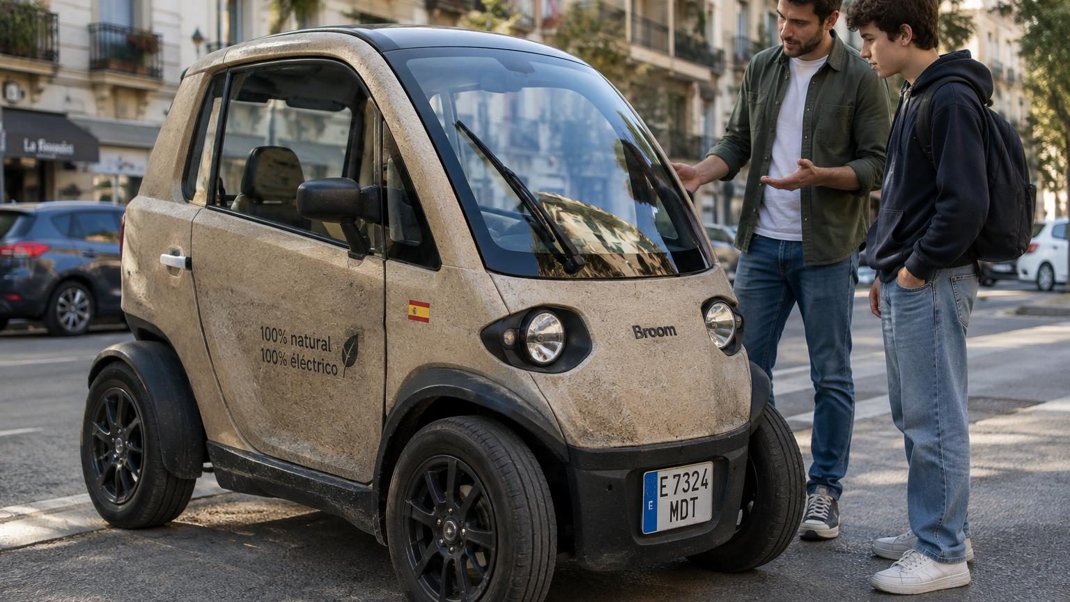 Vue d'ensemble du Liux Big, quadricycle électrique compact de couleur claire avec carrosserie en fibre de lin naturelle, conçu pour la circulation urbaine.