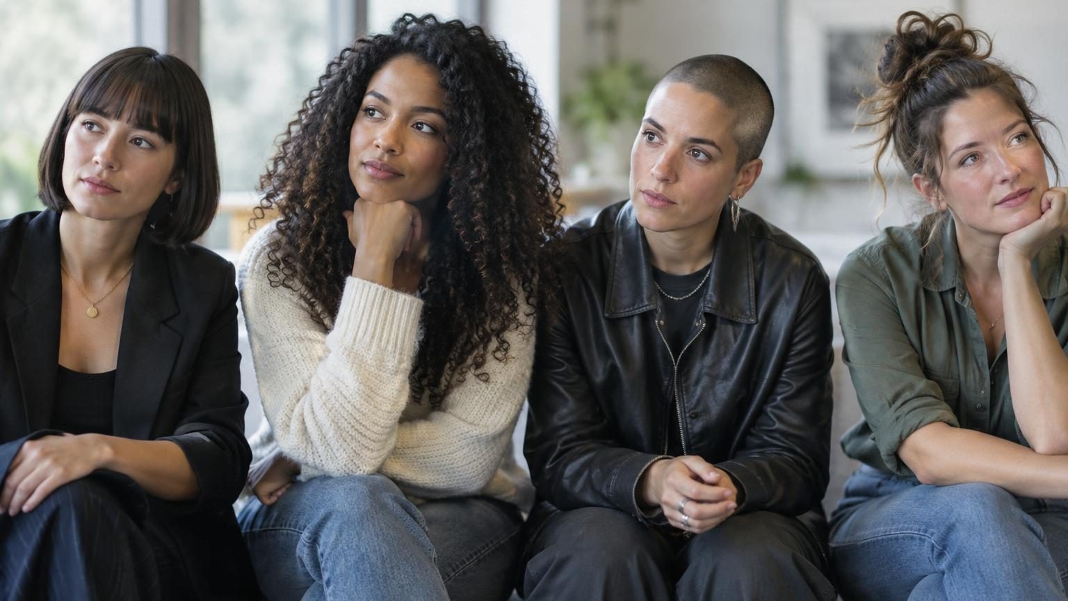 Portrait d'une femme regardant son reflet dans un miroir, explorant différentes coiffures qui reflètent son expression personnelle et son identité sociale.