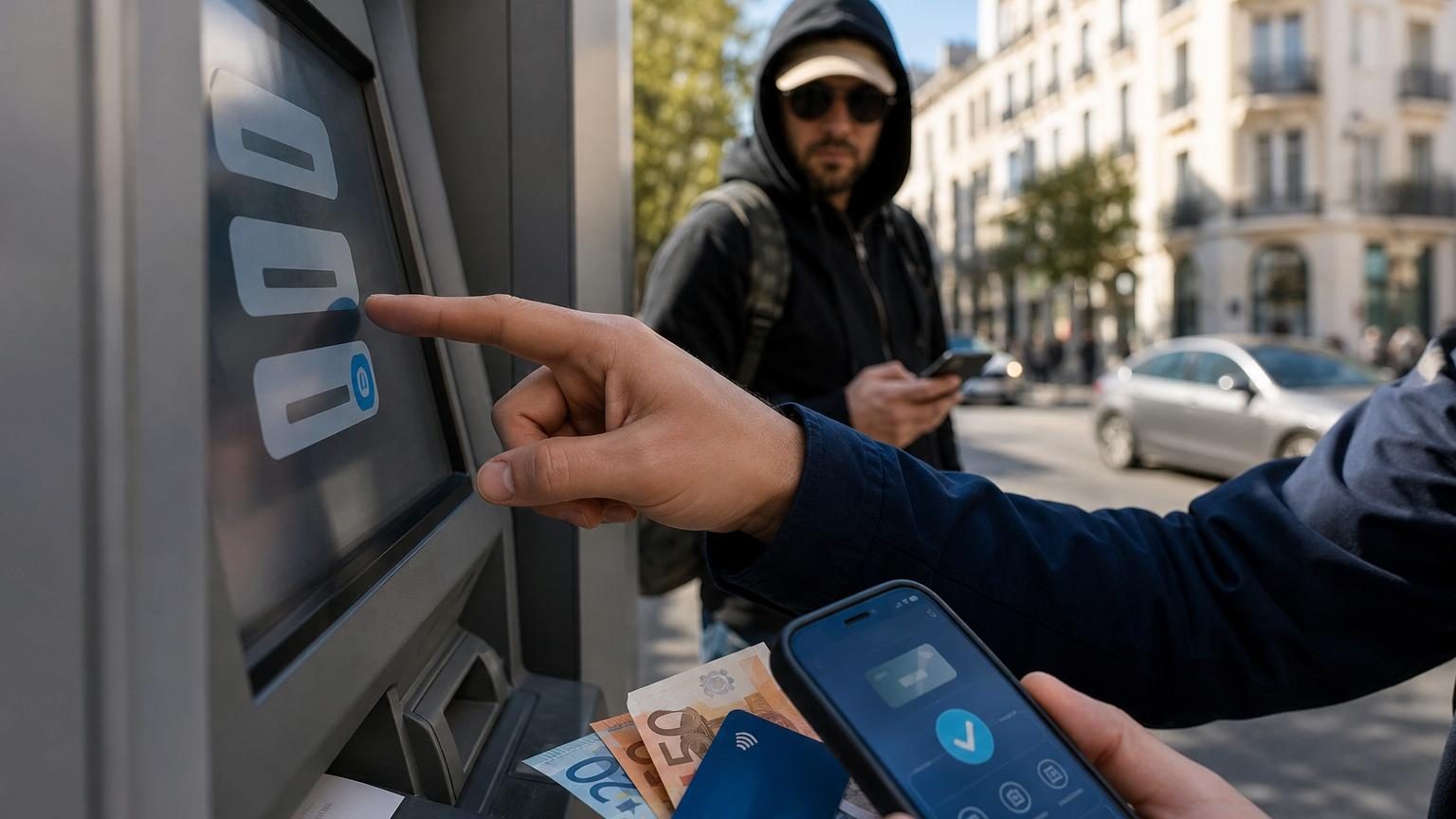 Main appuyant sur le bouton « Ticket » d'un distributeur automatique de billets, avec des billets de banque visibles dans la fente de sortie