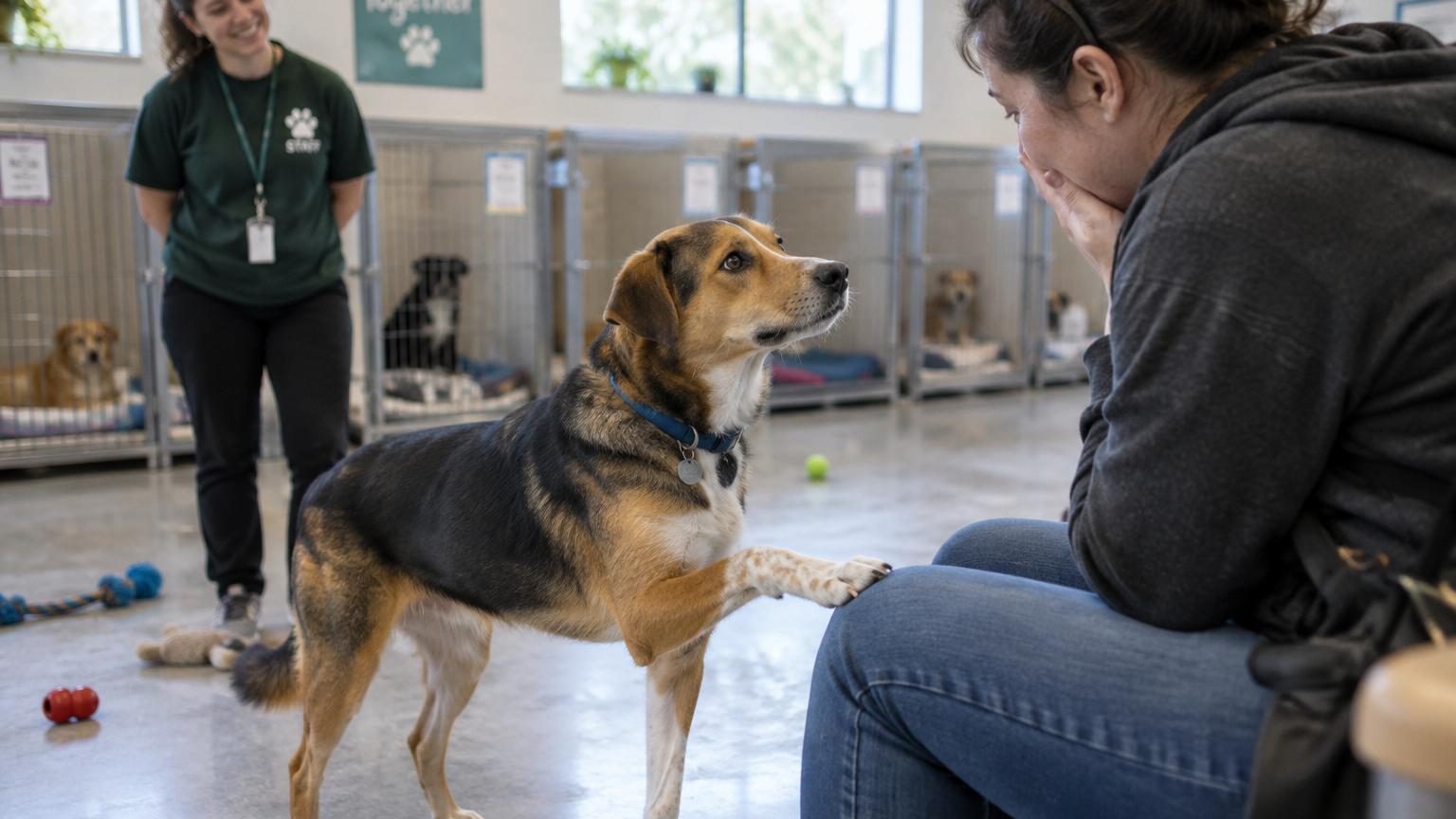 Chiens de refuge circulant librement entre des personnes assises dans une grande salle calme, reniflaçant les adoptants potentiels pour en choisir un.