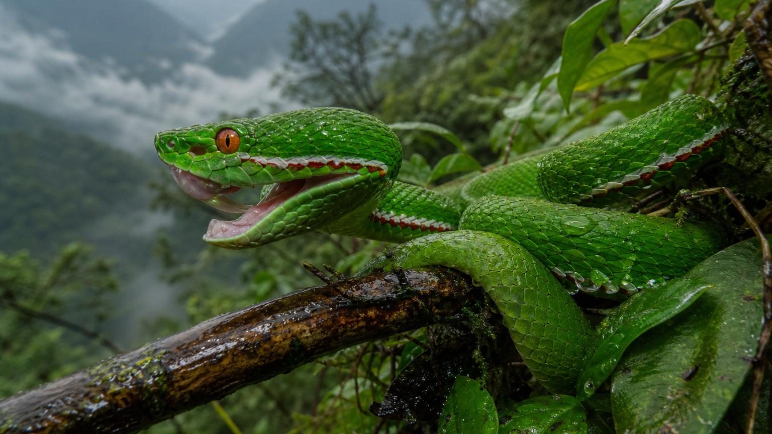 Serpent vert éclatant enroulé sur une branche, avec des bandes latérales colorées distinctes et les yeux ambrés ou orange-jaune, dans un habitat forestier humide et montagneux.