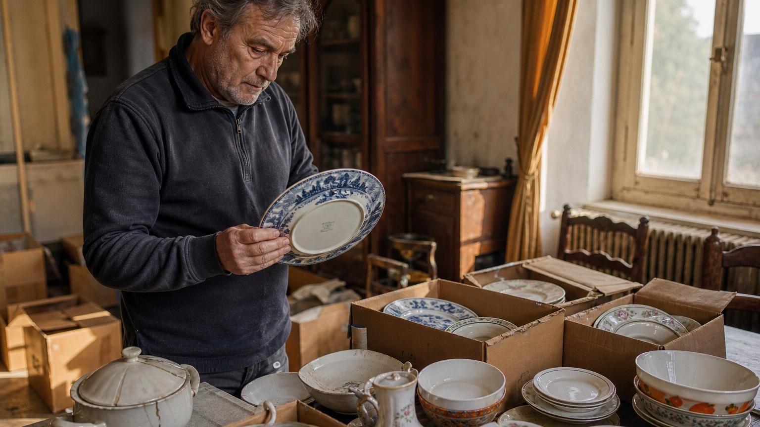 Une assiette en porcelaine blanche avec un décor bleu cobalt représentant une scène champêtre, entourée d'autres assiettes dépareillées et de vieille vaisselle empilées dans des cartons.