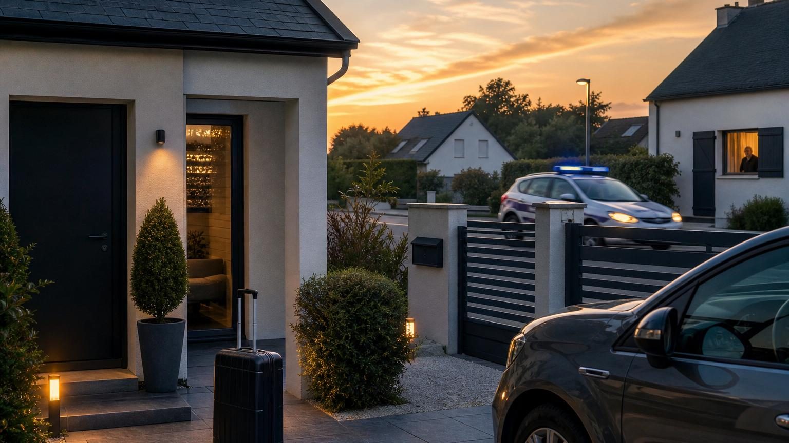 Entrée d'une maison de quartier pavillonnaire avec volets fermés, portail sécurisé et absence visible de toute activité, illustrant une demeure inoccupée.