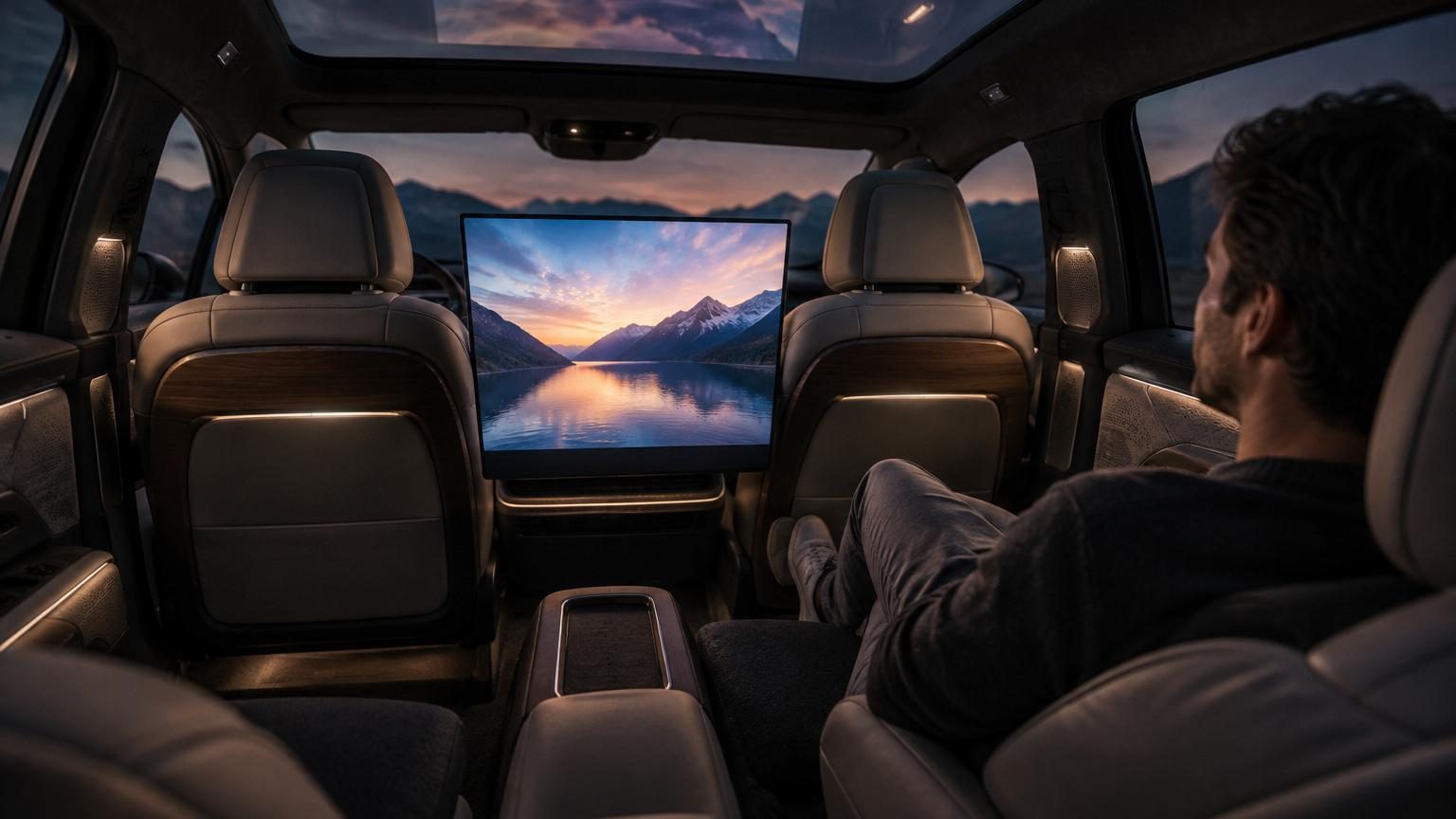 Habitacle futuriste du Genesis GV90 avec écran géant escamotable de 24,6 pouces intégré à la console centrale, système audio haut de gamme et interfaces numériques multiples pour le divertissement et la conduite