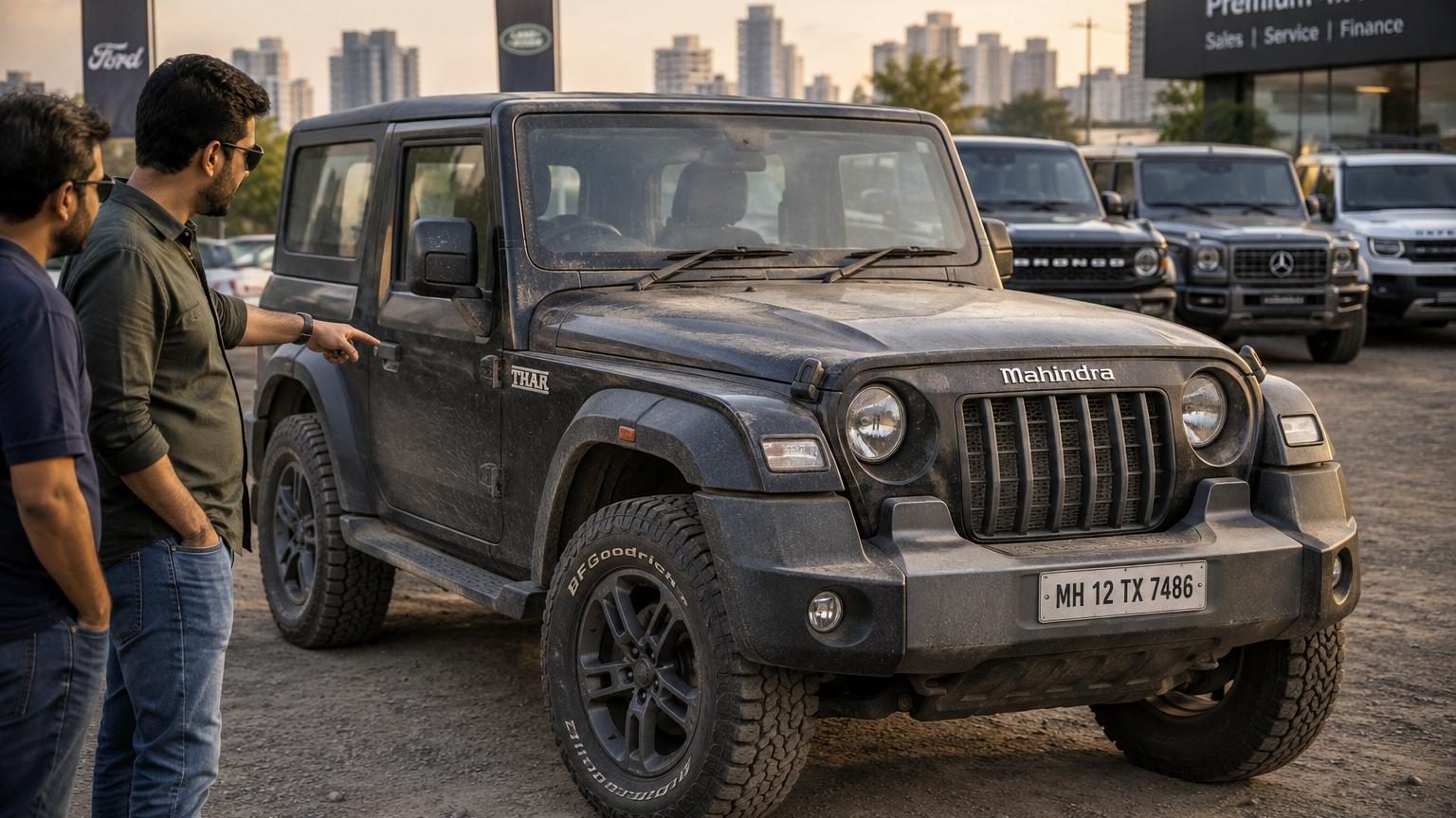 Vue trois-quarts d'un SUV indien Mahindra Thar OG aux formes cubiques, avec phares ronds, roue de secours à l'arrière, affichant l'esthétique du Jeep Wrangler classique.