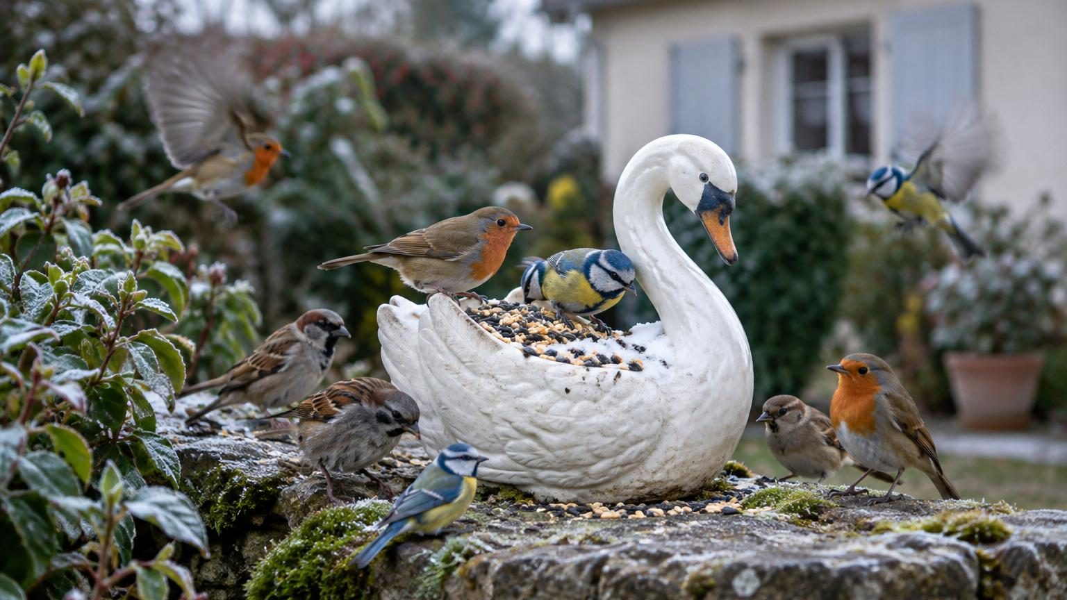 Ce vase cygne kitsch à 2 euros en brocante : ce qu'il devient une fois l'hiver venu ravit les oiseaux du jardin