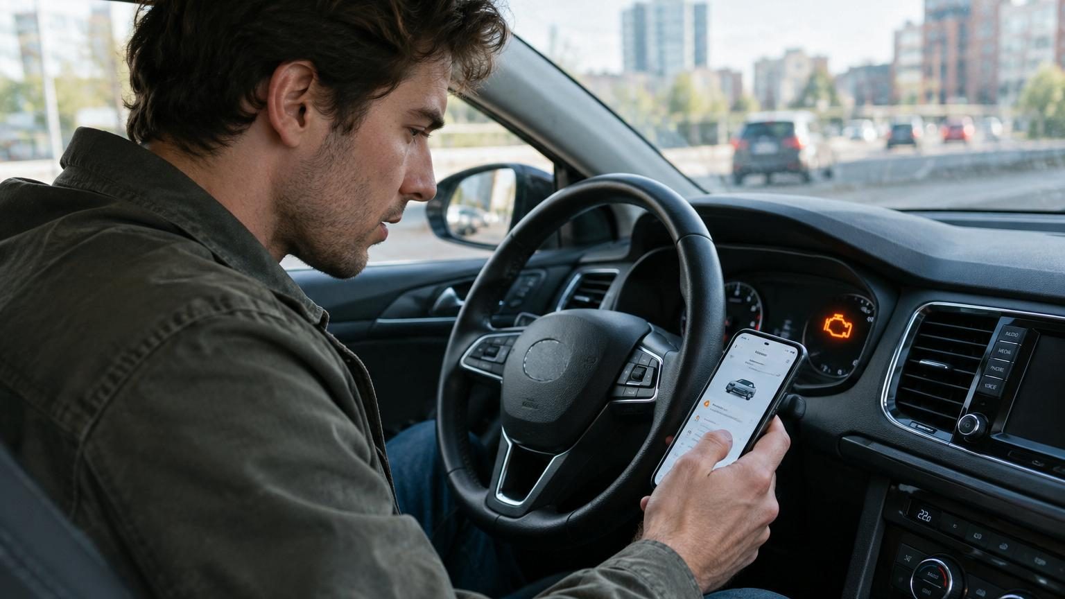 Gros plan sur un tableau de bord de voiture avec plusieurs voyants lumineux allumés en orange et rouge, partiellement flous, destiné à illustrer l'utilisation de la caméra iPhone pour identifier les symboles.